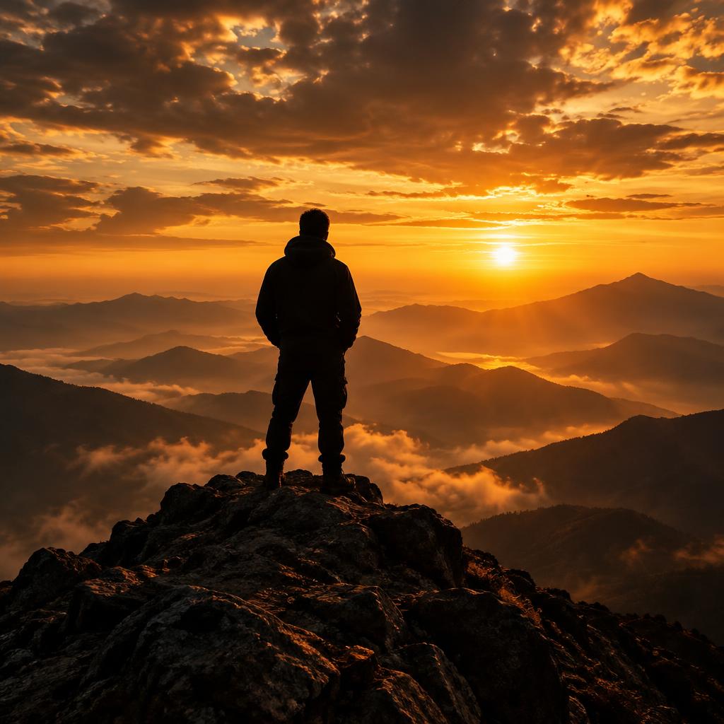 Homem no topo de uma montanha ao pôr do sol