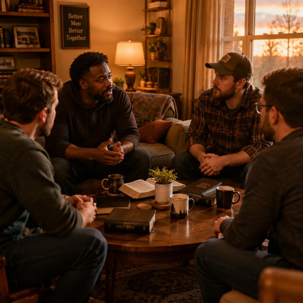 Grupo de homens reunidos conversando em sala